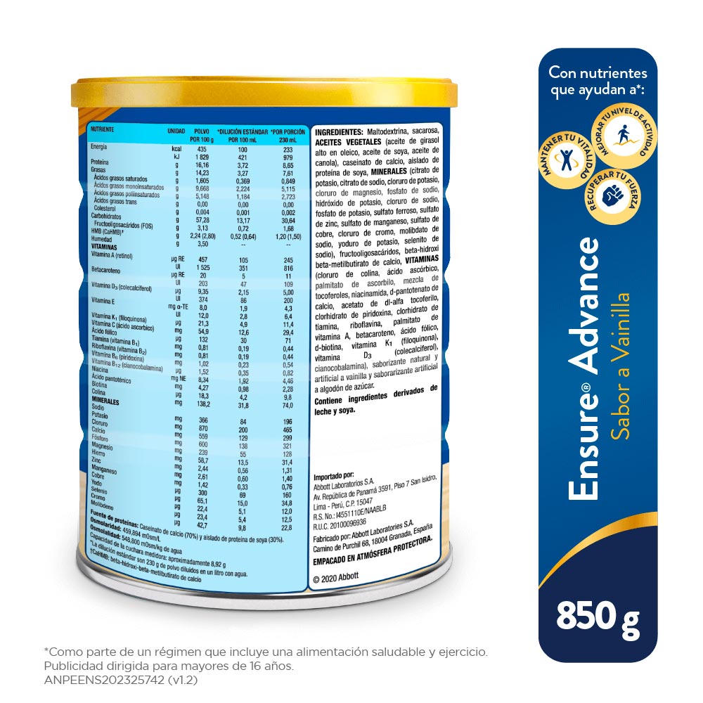 Ensure Advance Sabor Vainilla 850 G