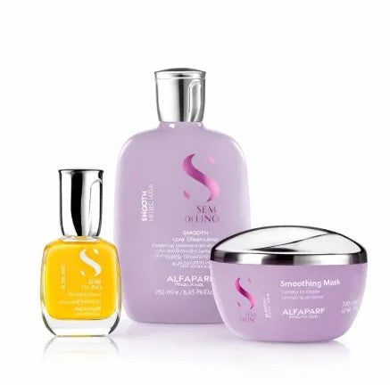 Pack Shampoo, Acondicionador y Oil Cristalli Sublime Control de Frizz Alfaparf Semi Di Lino Smooth