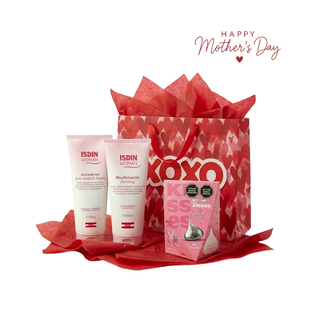 Kit Rutina Reafirmante Mamá Isdin Woman Reafirmante 200 Ml 1 Und + Isdin Woman Antiestrías 250 Ml 1 Und + Chocolate De Leche Kisses Hershey’s Día De La Madre 74 G +Bolsa De Regalo