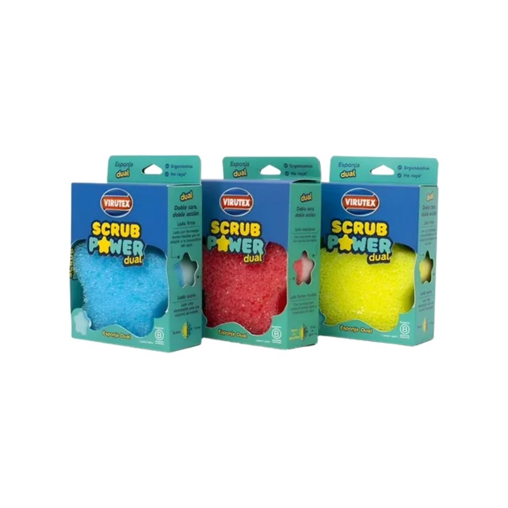 Pack Esponjas Dual Scrub Power Virutex Fucsia, Celeste y Amarilla 3 Und
