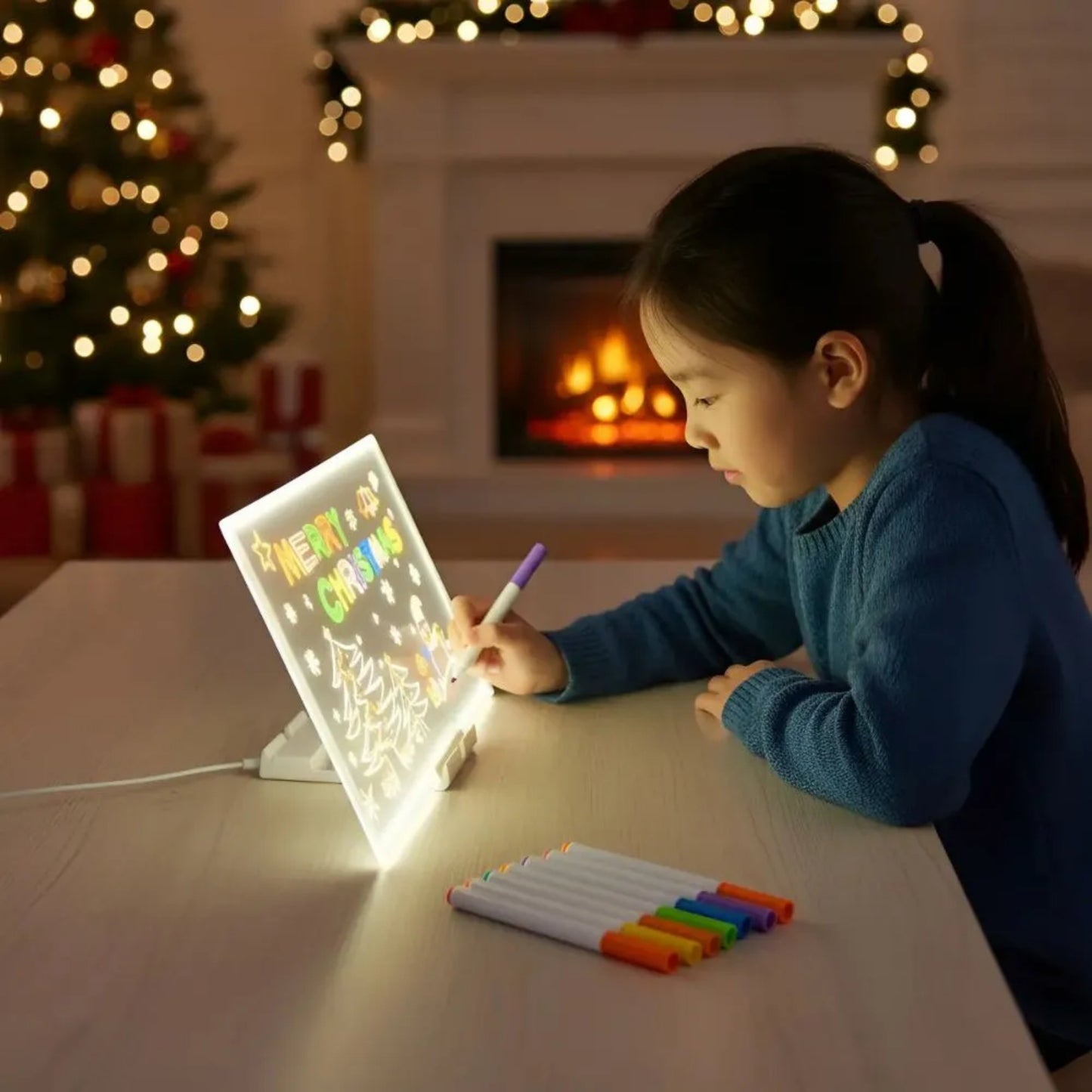 Pizarra Acrílica Mágica con Luz LED cable USB, 7 Plumones de Colores y Pañito de Limpieza