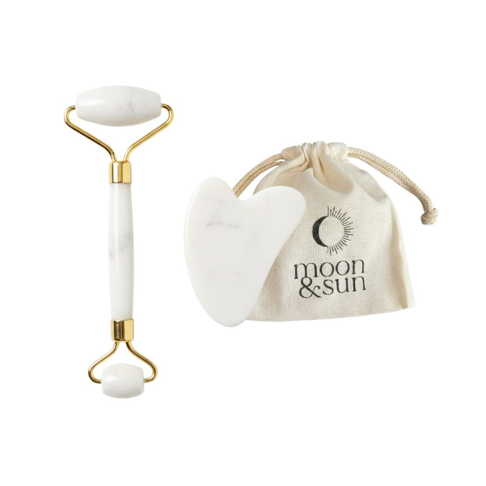 Set de Gua Sha Rosa y Roller Facial Blanco 2 Und