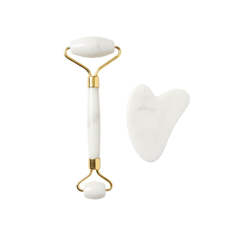 Set de Gua Sha Rosa y Roller Facial Blanco 2 Und