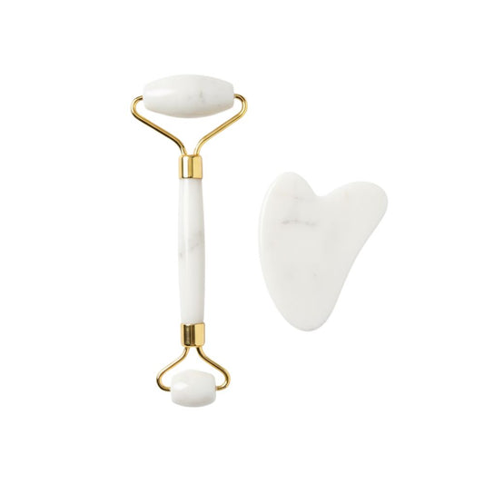 Set de Gua Sha Rosa y Roller Facial Blanco 2 Und