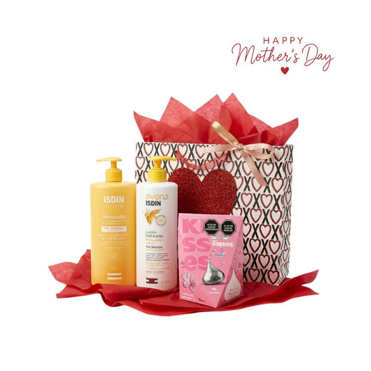 Kit Cuidado Corporal Mamá Isdin Avena Loción Corporal De Avena Y Omega-6 1 Und + Isdin Avena Gel De Baño Protector Piel Sensible 1 Und + Chocolate De Leche Kisses Hershey’s Día De La Madre 74 G + Bolsa De Regalo