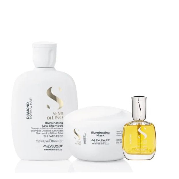 Pack Shampoo, Mascarilla y Sérum Iluminador Brillo Intenso Alfaparf Semi Di Lino Diamond