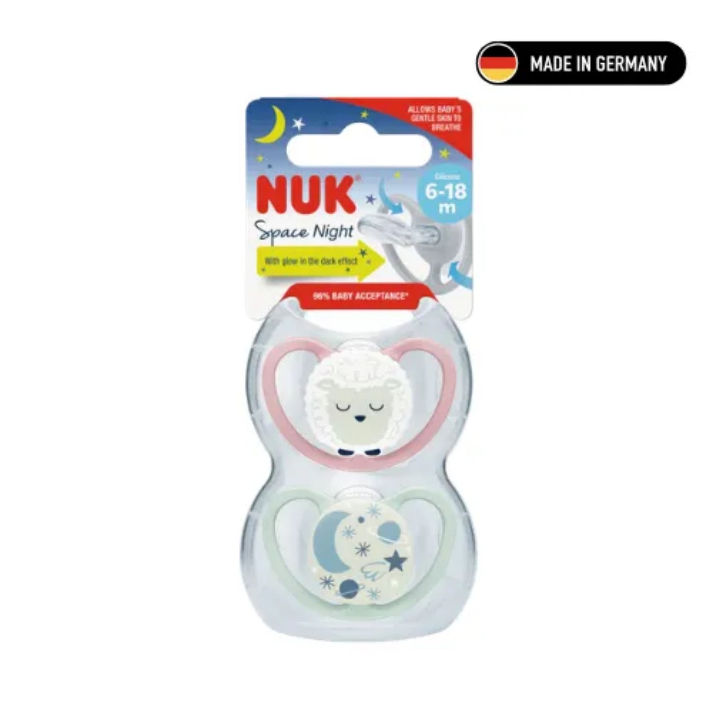 Chupón Nuk Space De Silicona · Producto Alemán · Rosa y Gris · 6 a 18 Meses · Pack X2