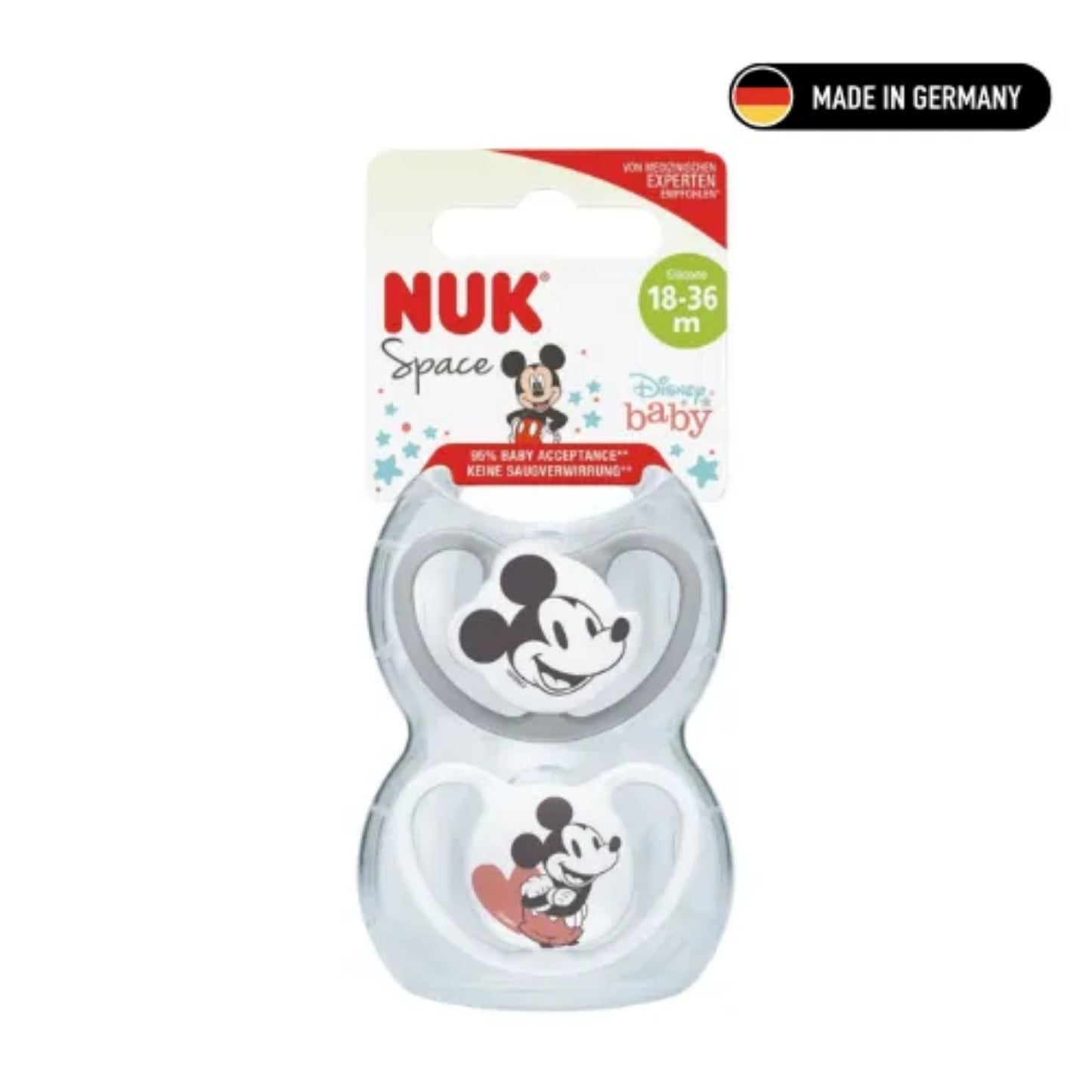 Chupón Nuk Space Mickey Mouse De Silicona · Producto Alemán · Blanco Y Gris · 18 A 36 Meses · Pack X2