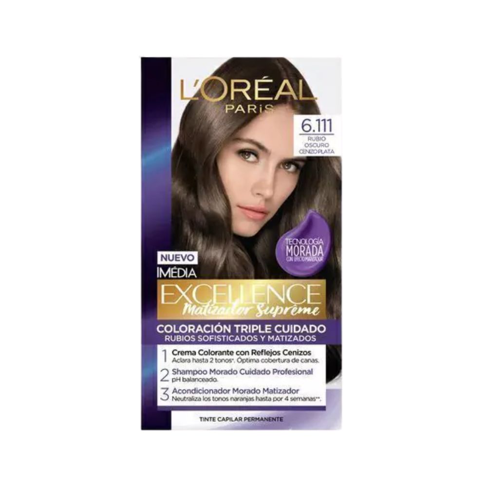 Tinte para Cabello Excellence Matizador Supreme 6.111 Rubio Oscuro Cenizo Plata Caja 1 Und