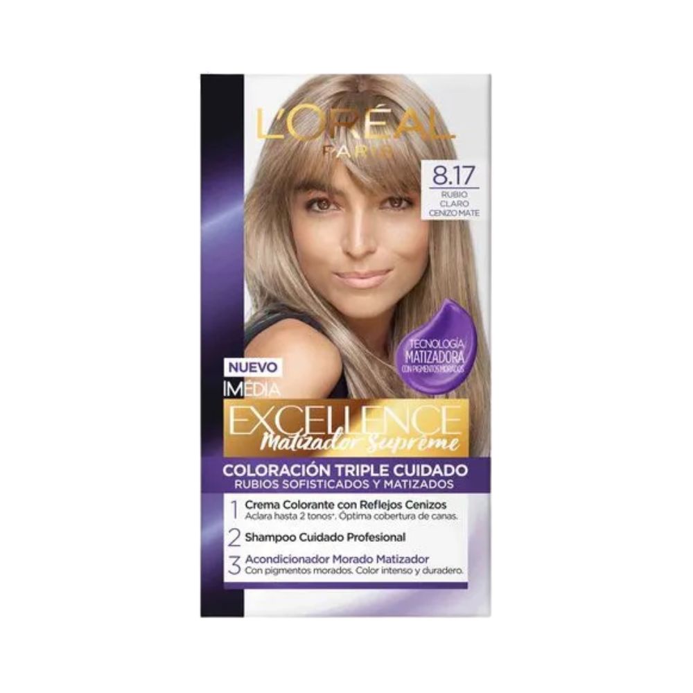 Tinte para Cabello Excellence Matizador Supreme 8.17 Rubio Claro Cenizo Mate Caja 1 Und