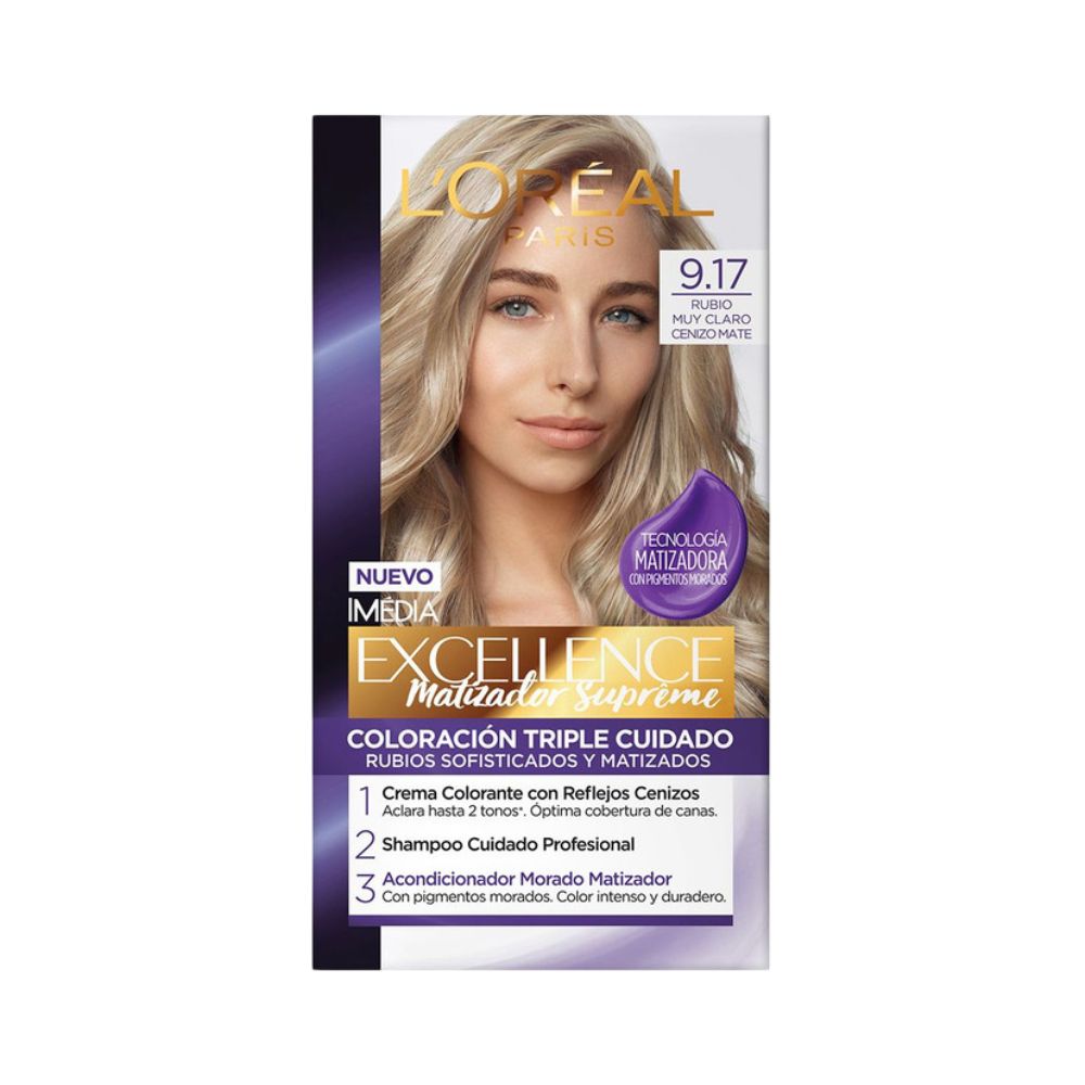 Tinte para Cabello Excellence Matizador Supreme 9.17 Rubio Muy Claro Cenizo Mate Caja 1 Und