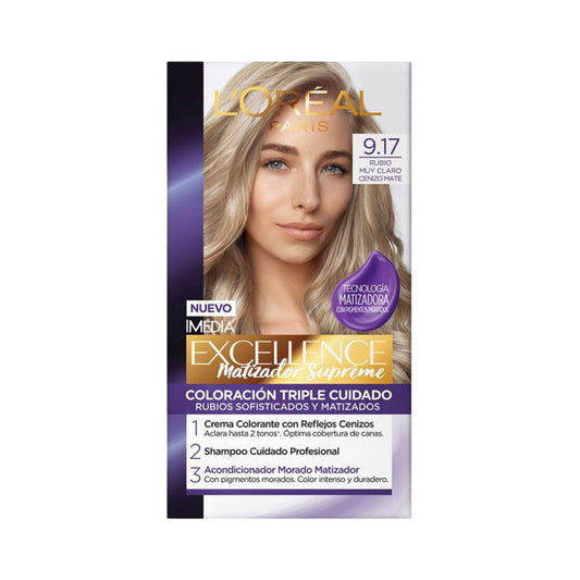 Tinte para Cabello Excellence Matizador Supreme 9.17 Rubio Muy Claro Cenizo Mate Caja 1 Und